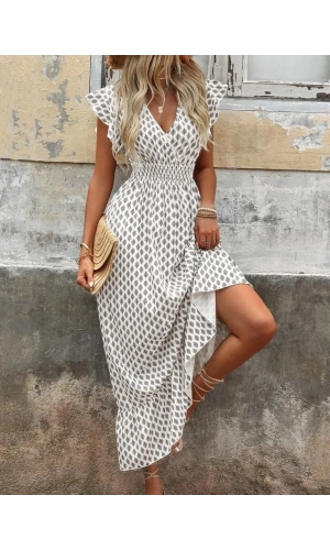 Kadın Kısa Kelebek Kollu Kruvaze Yakalı Desenli Süprem Elbise