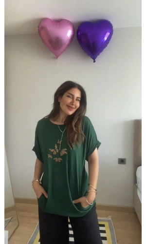 Kadın Kısa Kollu Bisiklet Yaka Cepli Kelebek Baskılı Viskon Elbise