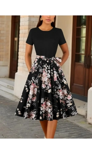Kadın Kısa Kollu Bisiklet Yaka çiçek Desenli üst Viskon Alt Süprem Kısa Elbise