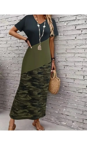 Kadın Kısa Kollu Bisiklet Yaka çok Renkli Maksi Viskon Elbise