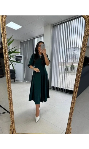 Kadın Kısa Kollu Bisiklet Yaka Fiyonk Broşlu Midi Janjan Krep Elbise