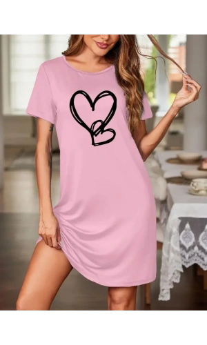 Kadın Kısa Kollu Bisiklet Yaka Kalp Desenli Viskon Elbise