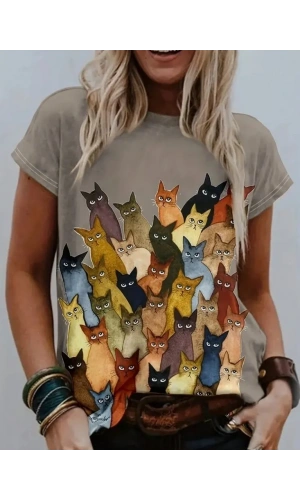 Kadın Kısa Kollu Bisiklet Yaka Kedi Desenli Süprem Bluz