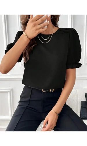 Kadın Kısa Kollu Bisiklet Yaka Kolları Gipeli Ithal Krep Bluz