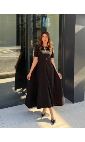 Kadın Kısa Kollu Bisiklet Yaka Maksi Boy Ithal Krep Elbise