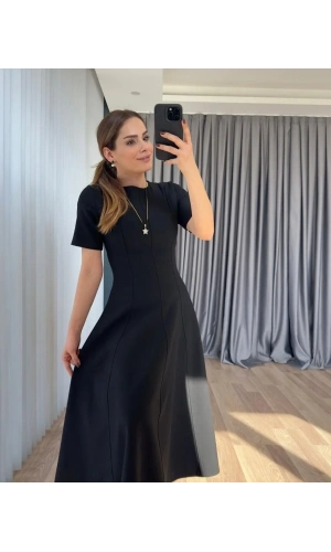 Kadın Kısa Kollu Bisiklet Yaka Maksi Boy Ithal Krep Elbise