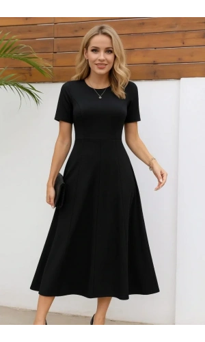 Kadın Kısa Kollu Bisiklet Yaka Maksi Boy Ithal Krep Elbise