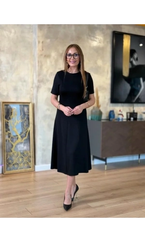 Kadın Kısa Kollu Bisiklet Yaka Midi Viskon Iki Iplik Elbise