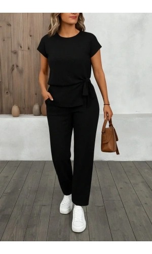 Kadın Kısa Kollu Bisiklet Yaka Yandan Bağlamalı Bürümcük Bluz Ve Pantolon Ikili Takım