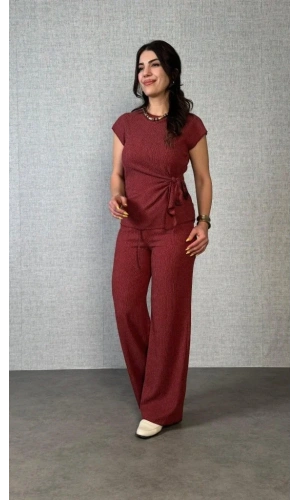 Kadın Kısa Kollu Bisiklet Yaka Yandan Bağlamalı Bürümcük Bluz Ve Pantolon Ikili Takım