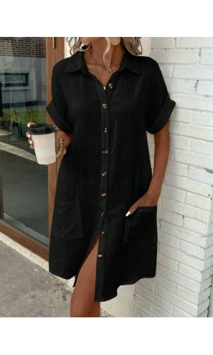 Kadın Kısa Kollu Bisiklet Yaka Yandan Yırtmaçlı Viskon Midi Elbise