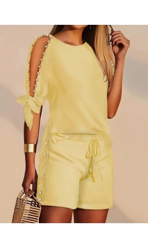 Kadın Kısa Kollu Bisiklet Yaka Yarı Açık Omuz Inci Detaylı Short T-shirt Viskon Ikili Takım