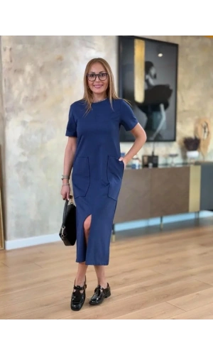 Kadın Kısa Kollu Bisiklet Yakalı Cepli önden Yırtmaçlı Viskon Iki Iplik Midi Elbise