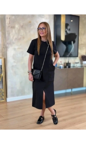 Kadın Kısa Kollu Bisiklet Yakalı Cepli önden Yırtmaçlı Viskon Iki Iplik Midi Elbise