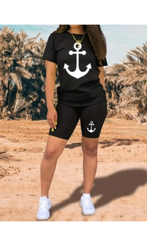 Kadın Kısa Kollu çapa Baskılı Viskon Ikili Takım