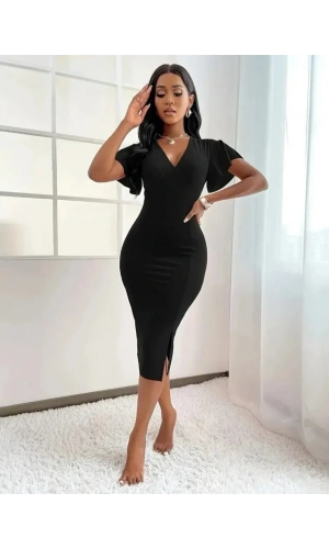 Kadın Kısa Kollu Derin Dekolte V Yakalı Yırtmaçlı Midi Janjan Krep Elbise