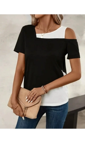 Kadın Kısa Kollu Geometrik Kesin Detaylı çift Renkli Viskon Bluz