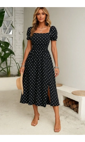 Kadın Kısa Kollu Geometrik Yaka Yırtmaçlı Puantiyeli Midi örme Krep Elbise