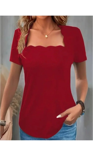 Kadın Kısa Kollu Kare Lazer Yakalı Janjan Krep Bluz