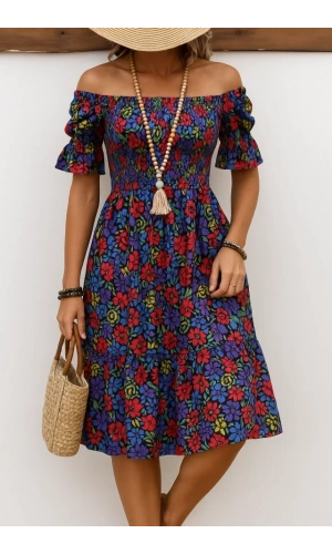 Kadın Kısa Kollu Kare Yakalı Beli Lastikli çiçek Desenli Mini Süprem Elbise