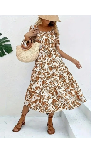 Kadın Kısa Kollu Kare Yakalı Lastikli Desenli Süprem Elbise