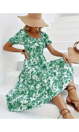 Kadın Kısa Kollu Kare Yakalı Lastikli Desenli Süprem Elbise