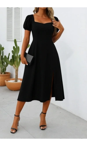 Kadın Kısa Kollu Kare Yakalı Yırtmaçlı Midi Janjan Krep Elbise