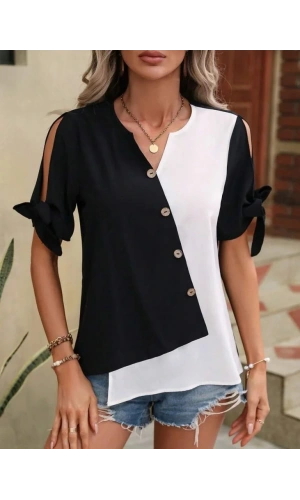 Kadın Kısa Kollu Kollardan Bağlamalı önden Asimetrik Kesim çift Renk Detaylı Düğmeli Ithal Krep Bluz