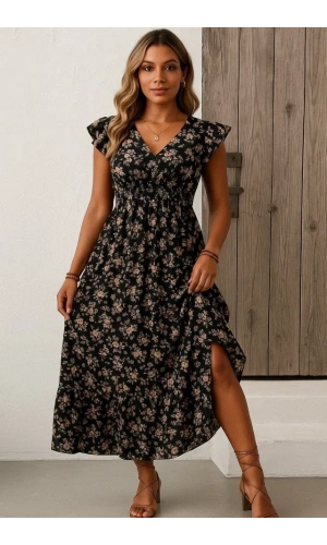 Kadın Kısa Kollu Kruvaze Yaka Beli Lastikli çiçek Desenli Elbise