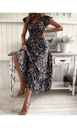 Kadın Kısa Kollu Kruvaze Yaka Beli Lastikli çiçek Desenli Elbise