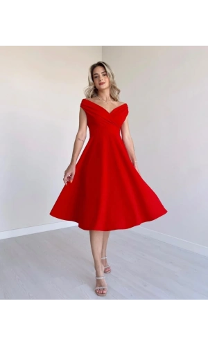 Kadın Kısa Kollu Kruvaze Yaka Eteği Volanlı Krep Elbise