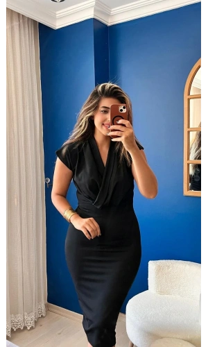 Kadın Kısa Kollu Kruvaze Yaka Krep Elbise (Kemersiz)