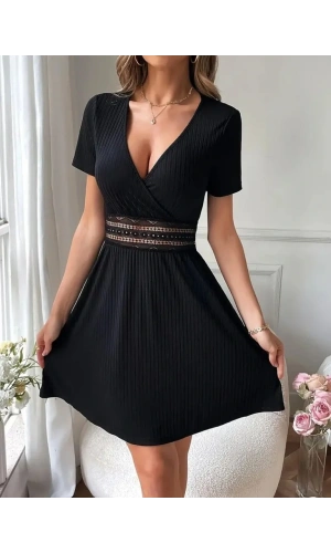 Kadın Kısa Kollu Kruvaze Yakalı Belden Dantelli Kaşkorse Elbise