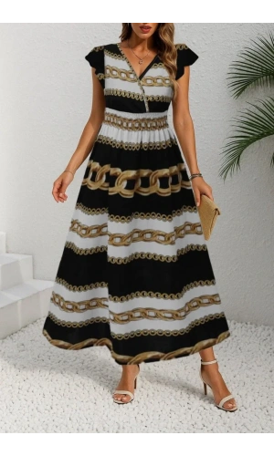 Kadın Kısa Kollu Kruvaze Yakalı Beli Lastikli Desenli Maksi Boy örme Krep Elbise