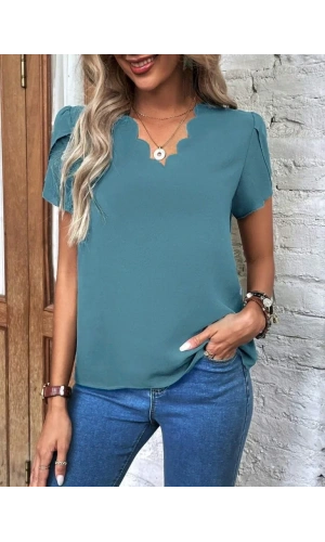 Kadın Kısa Kollu Lazer V Yakalı Ithal Krep Bluz
