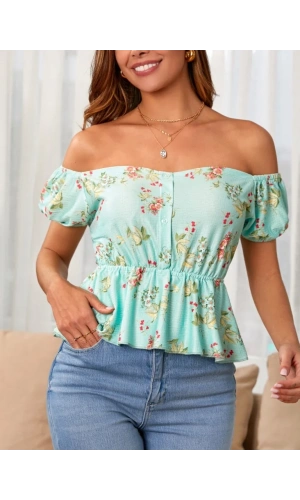 Kadın Kısa Kollu Madonna Yaka çiçek Desenli Düğme Detay Gipeli Süprem Kumaş Bluz