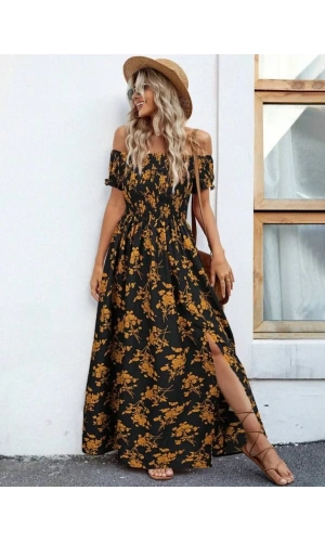 Kadın Kısa Kollu Madonna Yaka Yırtmaçlı çiçek Desenli Süprem Elbise