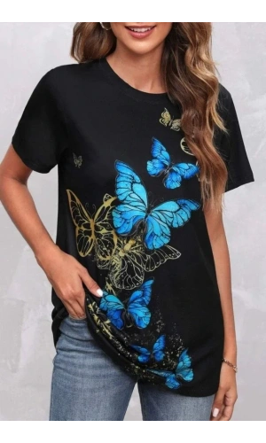 Kadın Kısa Kollu Mavi Sarı Kelebek Baskı Süprem T-shirt