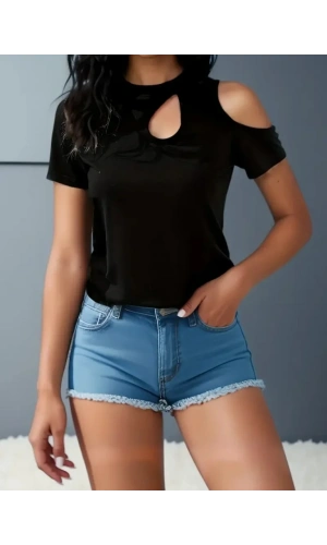 Kadın Kısa Kollu Tek Omuzu Açık Damla Detaylı Viskon Bluz