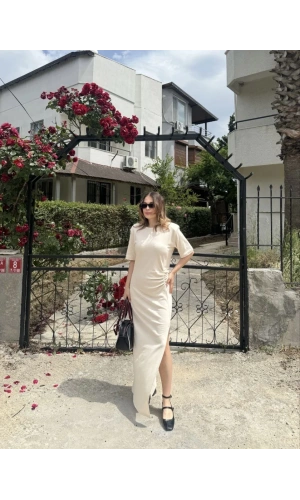 Kadın Kısa Kollu Uzun Yandan Yırtmaçlı Elbise - Bej