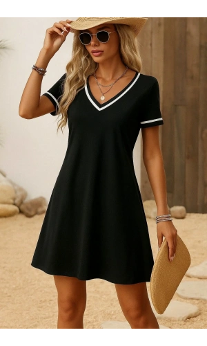 Kadın Kısa Kollu V çizgili Yakalı Kısa Viskon Elbise