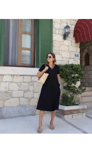 Kadın Kısa Kollu V Yaka Cepli A Kesim Detaylı Viskon Elbise