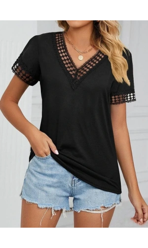 Kadın Kısa Kollu V Yaka Dantel Yakalı Viskon Bluz