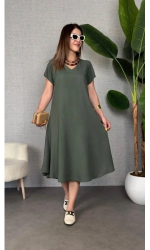 Kadın Kısa Kollu V Yaka Salaş Maxi Boy Elbise