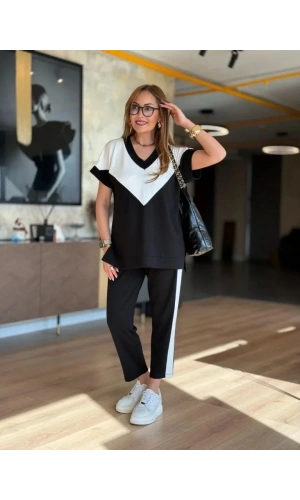 Kadın Kısa Kollu V Yaka Siyah Beyaz Renkli Viskon Iki Iplik Kumaş Eşofman Takımı