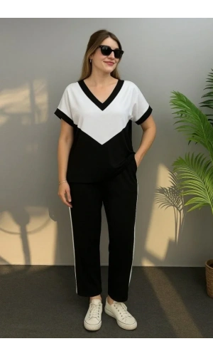 Kadın Kısa Kollu V Yaka Siyah Beyaz Renkli Viskon Iki Iplik Kumaş Eşofman Takımı