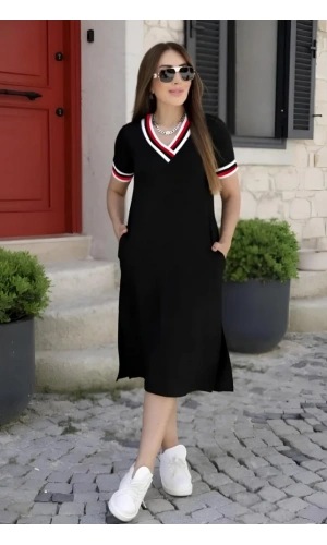 Kadın Kısa Kollu V Yaka Ve Yaka Ribana Detay Midiboy Viskon Elbise