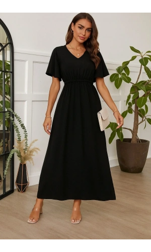 Kadın Kısa Kollu V Yakalı Beli Lastikli Uzun Viskon Elbise