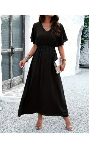 Kadın Kısa Kollu V Yakalı Beli Lastikli Uzun Viskon Elbise