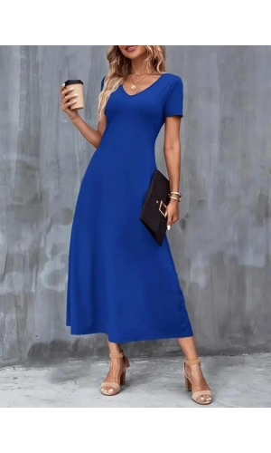 Kadın Kısa Kollu V Yakalı Cepli Viskon Elbise